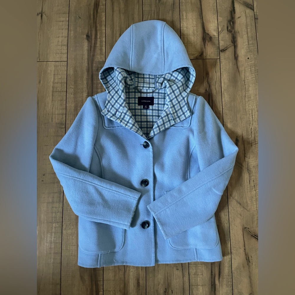 Lands End Women Wool Plaid Coat Light Blue Size 2P NWOT